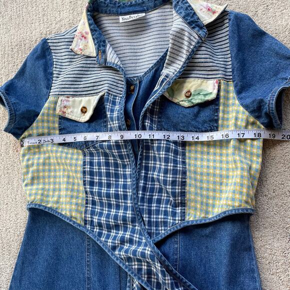 🔥VTG Nina Piccalino Denim Dress Fit & Flare Button Down Patchwork Boho Cottage - Picture 10 of 14